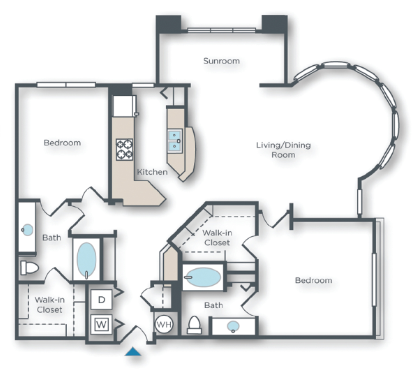 Floor plan for 2 beds, 2 baths, 1353 sqft